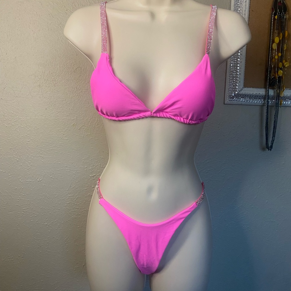 Regina Vibrant Pink Bikini Set with Sparkling Rhinestone Straps Vacation Summer